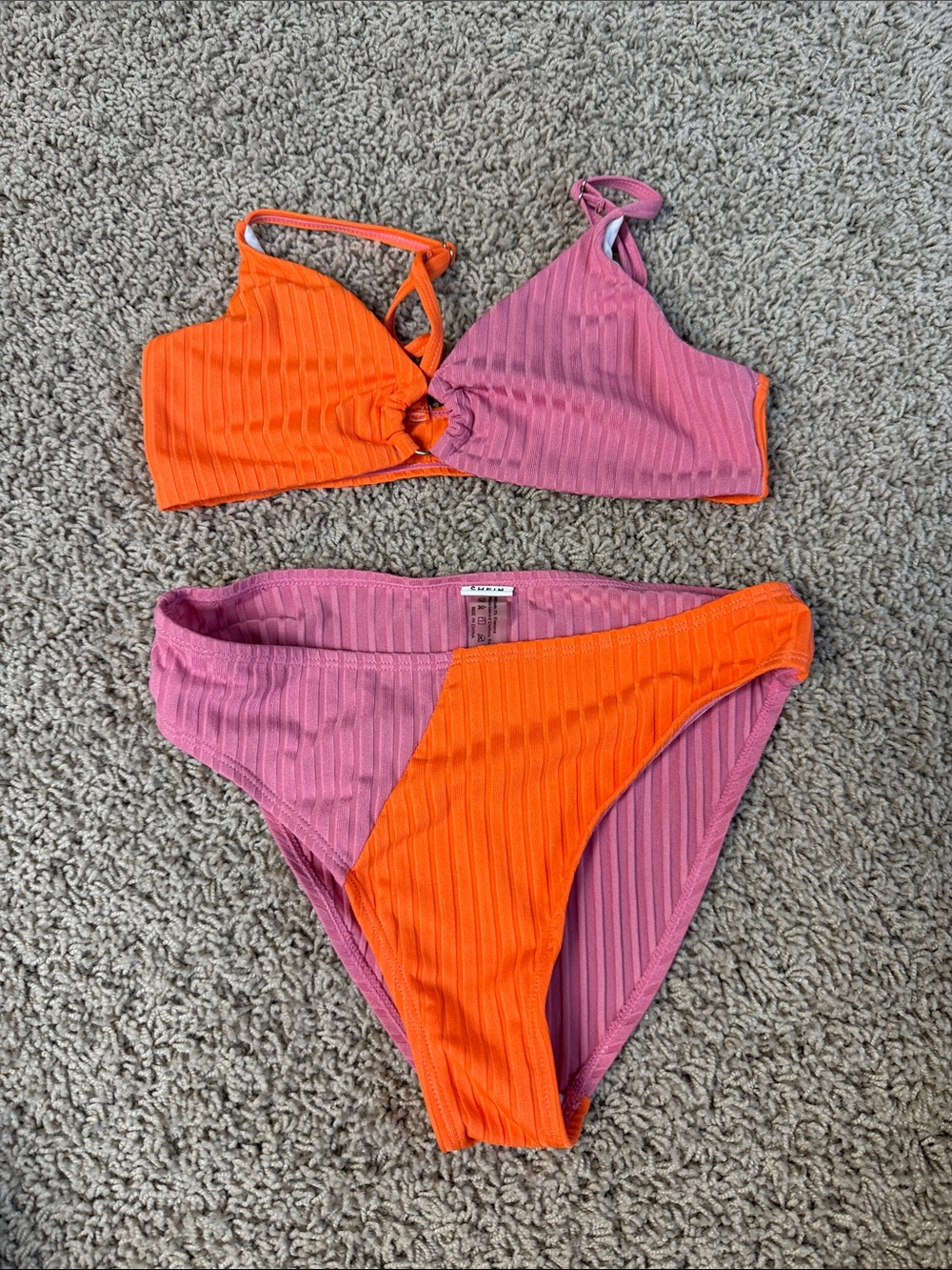 SHEIN Pink and Orange Ribbed Colorblock Girls Bikini Set